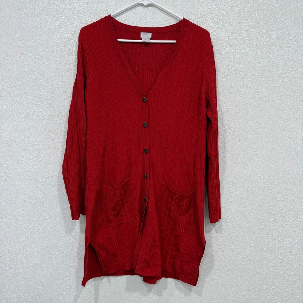 Chico's Red Ribbed Knit Longline Cardigan Sweater 1 Medium Button Front Pocket‎